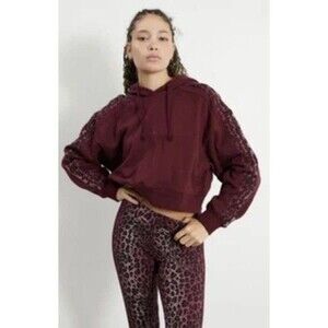 Adidas Adicolor Leopard Logo Cropped Hoodie Sweatshirt Burgundy  Women's Size M